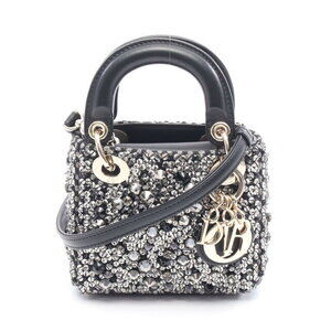 Dior Lady Dior Handbag Leather Rhinestones Black Clear Silver